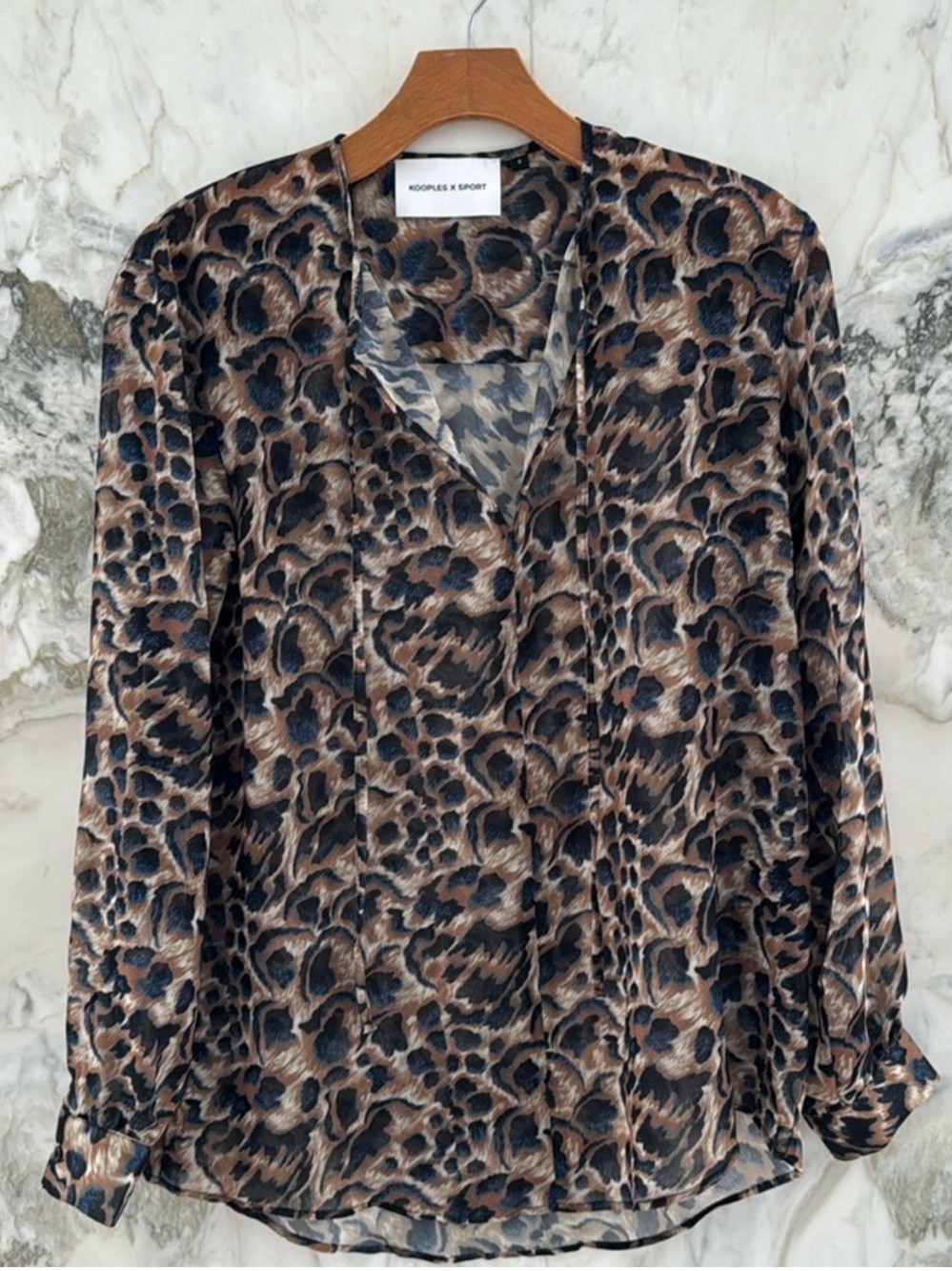 NWOT The Kooples Sport Brown Black Leopard Print Semi-Sheer Tie Neck Blouse 0